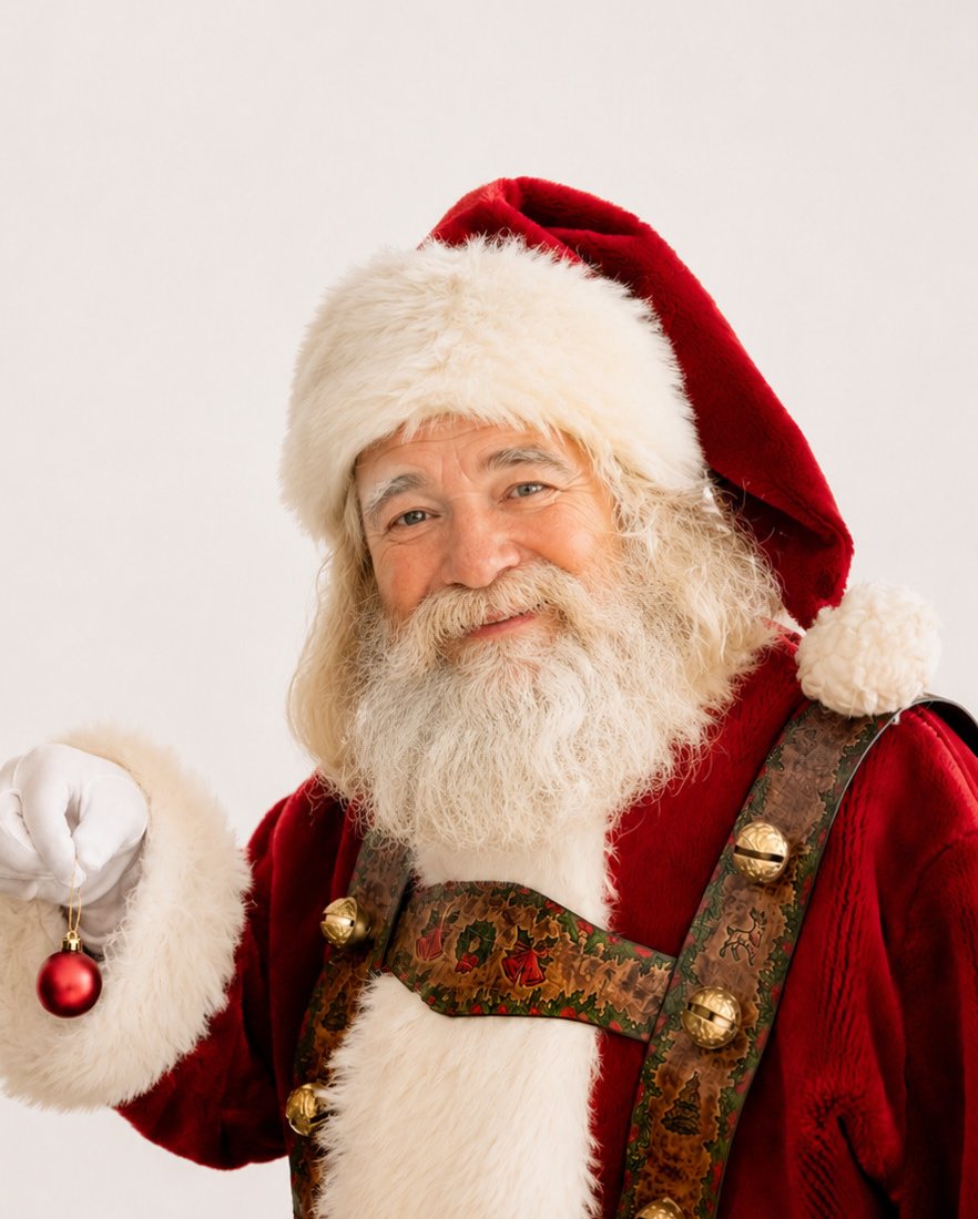 Professional Santa smiling and holding a small red ornament